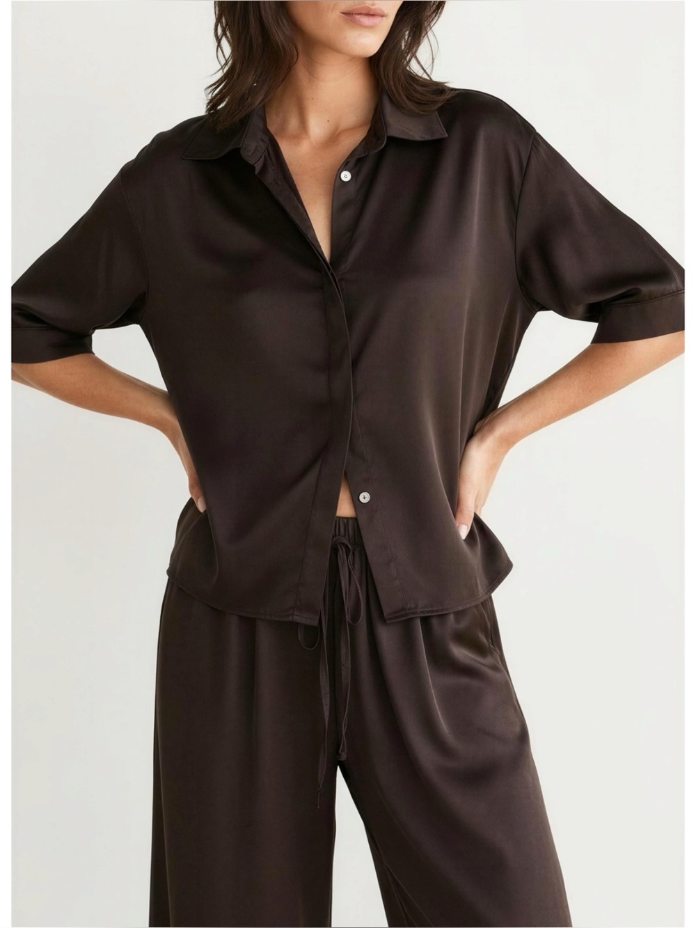 JAKI LONDON Rhea Satin Shirt, Espresso Brown, Medium